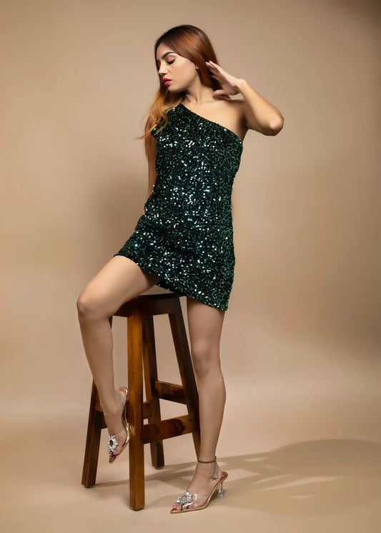 Belle Ame Off-Shoulder Green & Black Velvet Sequin Dress