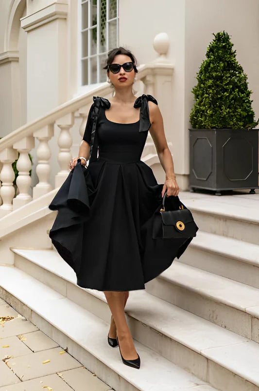 Belle Ame Bow Strap Without Cane Black Midi Dress
