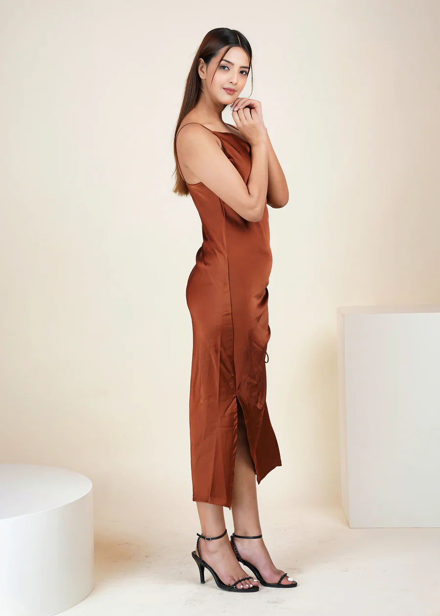 Belle Ame Copper Met Satin Side Cut One Piece Midi Dress
