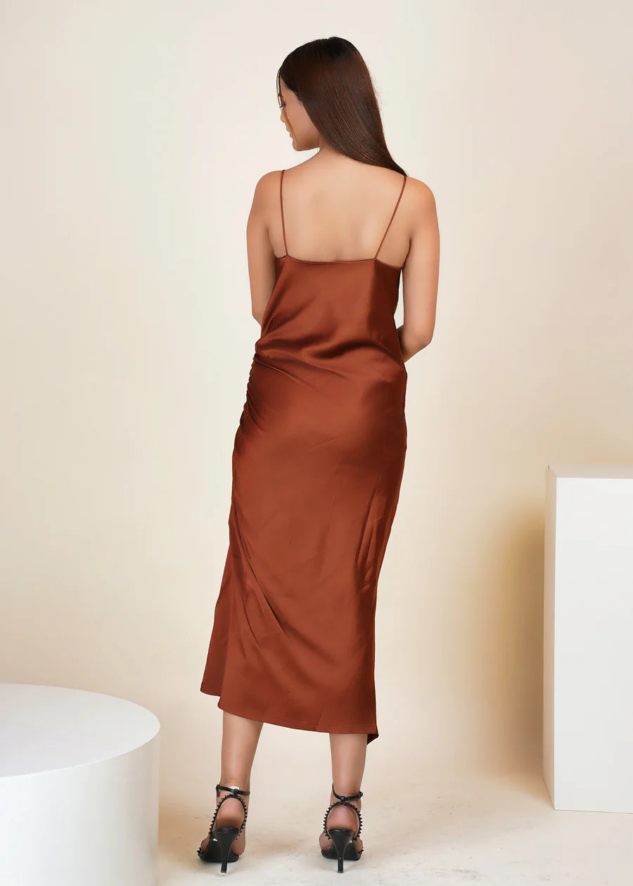 Belle Ame Copper Met Satin Side Cut One Piece Midi Dress