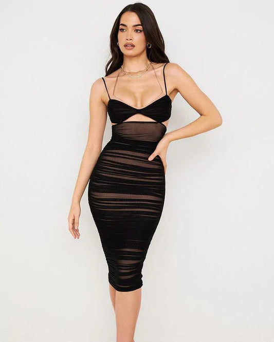 Belle Ame Ruched-Keyhole Midi Black Dress